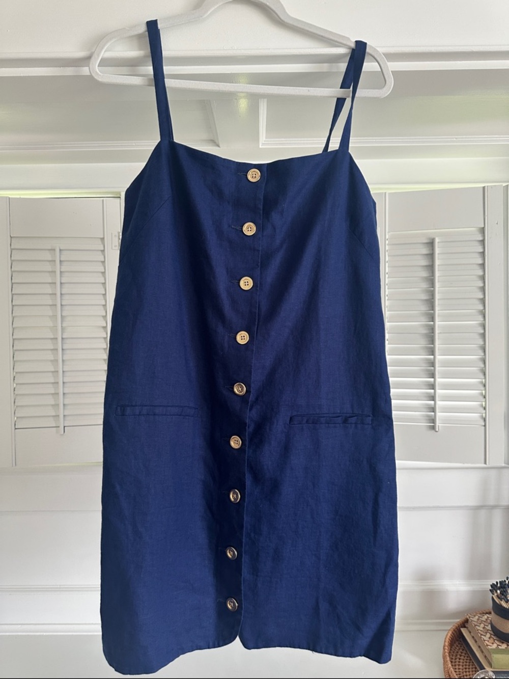 Jcrew Navy Linen Button-Front Spaghetti Strap Dress